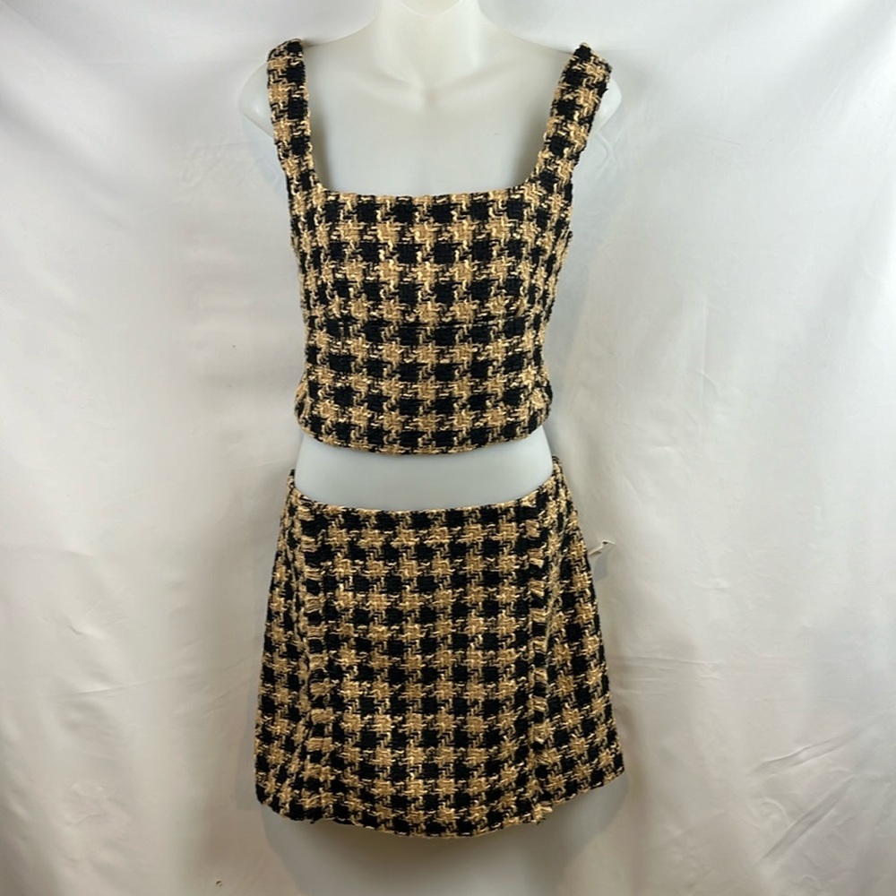 House of Harlow 1960 Tweed Crop Top & Skirt Houndstooth Set Tan/Black Size M NEW